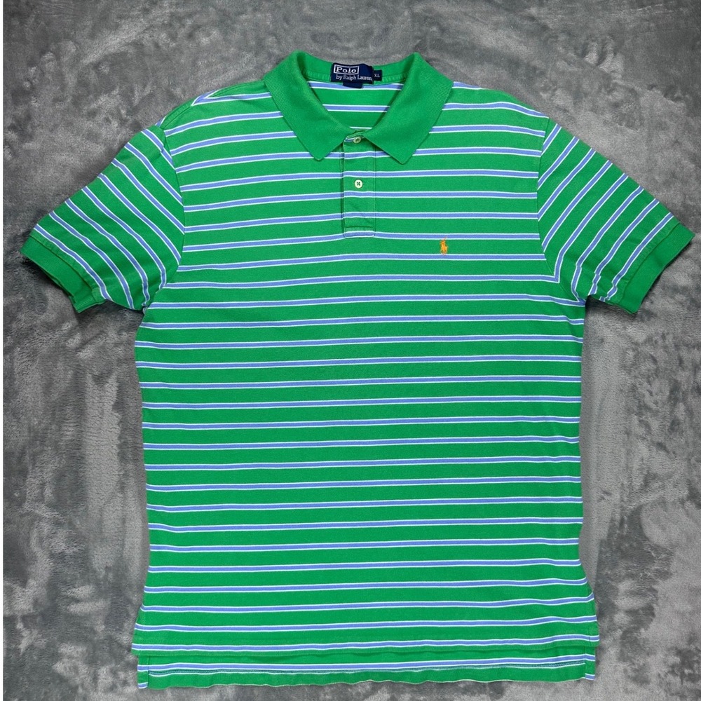 Polo Ralph Lauren Mens XL Green Blue Striped Short Sleeve Pique Polo Shirt